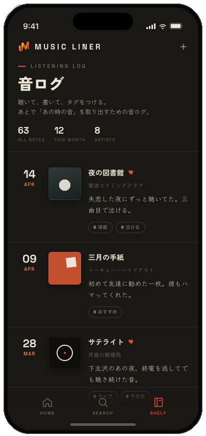 MusicLiner の音ログ画面とマイシェルフ画面